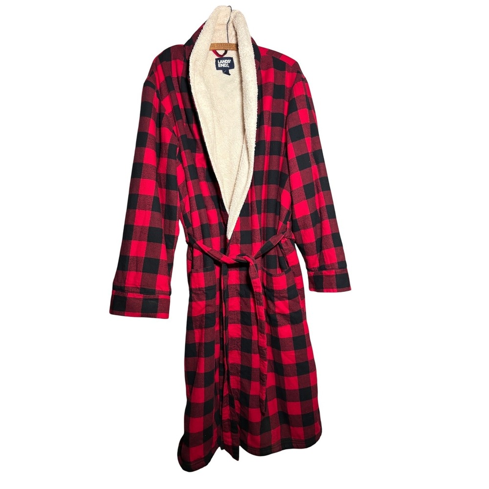 Lands End Mens L 100% Cotton Buffalo Check Flannel Sherpa Lined Robe Large 42-44